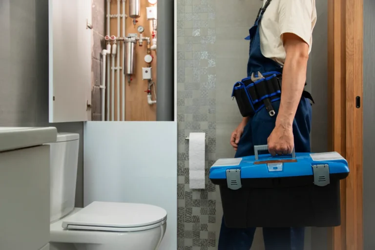 Loodgieter met gereedschapskist bij een toilet