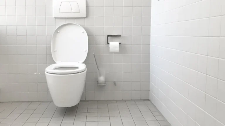 Wandtoilet met drukplaat in een betegelde badkamer – toilet dat blijft doorlopen